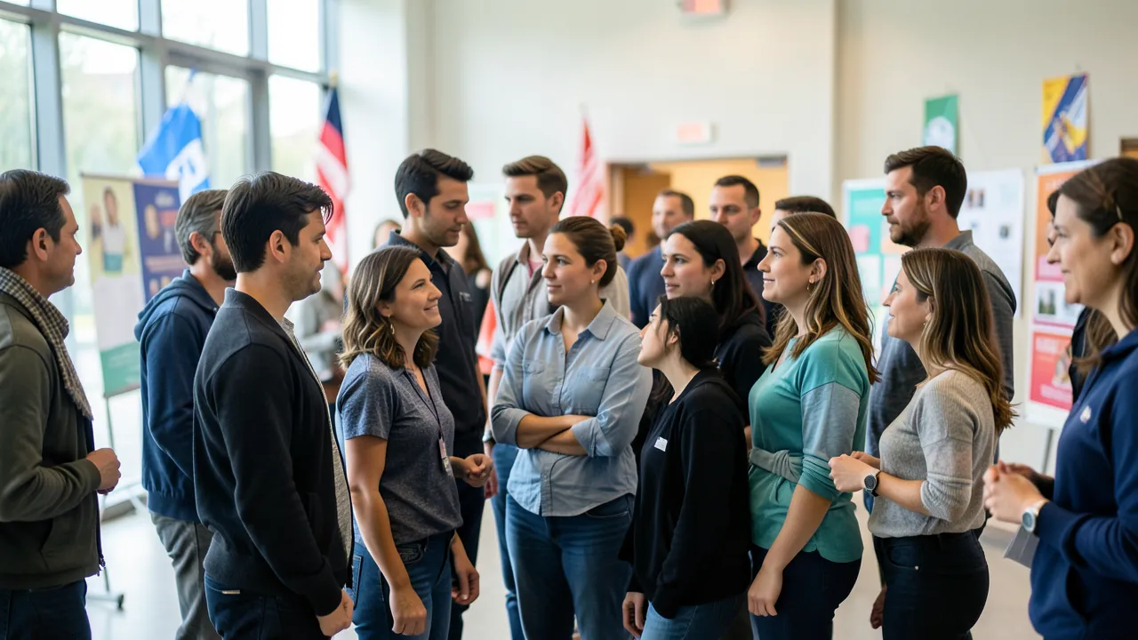 Diverse community advocates gathered in a bright modern civic hall with thoughtful expressions and subtle background posters.